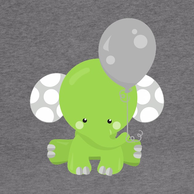 Elephant With Balloon, Green Elephant, Cute Animal by Jelena Dunčević